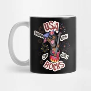 Fun Doxie Dog playing guitar on USA Rocks Happy 4th of July tee Mug